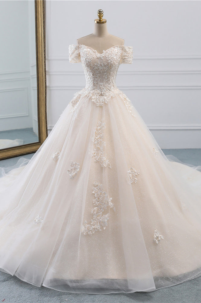 Off The Shoulder White Tulle Lace Wedding Dress With Appliques On Sale