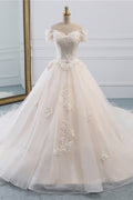 Off The Shoulder White Tulle Lace Wedding Dress With Appliques On Sale