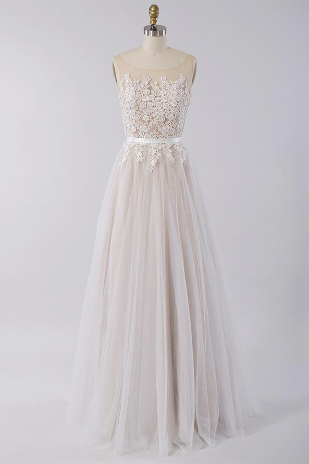 Sleeveless Jewel Appliques Wedding Dress Tulle A-Line Bridal Gown On Sale