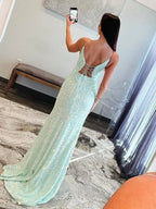 Ailsa | Robes longues de bal sirène à paillettes vert menthe avec bretelles spaghetti et fente