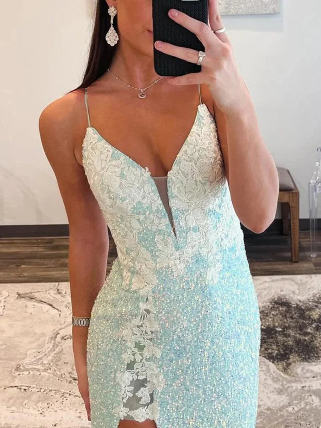 Ailsa | Robes longues de bal sirène à paillettes vert menthe avec bretelles spaghetti et fente