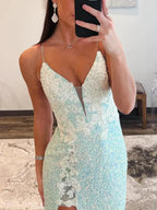 Ailsa | Robes longues de bal sirène à paillettes vert menthe avec bretelles spaghetti et fente