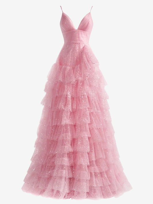 Vestido de fiesta de tul rosa claro con tirantes finos escalonados y corte A 