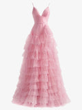 Alianna | Robe de bal rose clair en tulle à volants, coupe trapèze, bretelles fines spaghetti