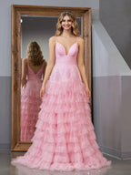 Alianna | Robe de bal rose clair en tulle à volants, coupe trapèze, bretelles fines spaghetti