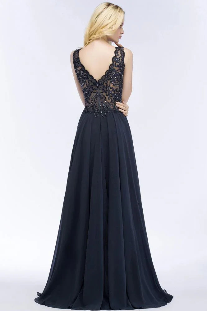 Robe longue de soirée Aline en mousseline avec appliques, cristaux, sans manches, robe de fête