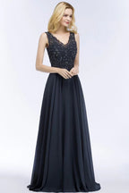 Robe longue de soirée Aline en mousseline avec appliques, cristaux, sans manches, robe de fête