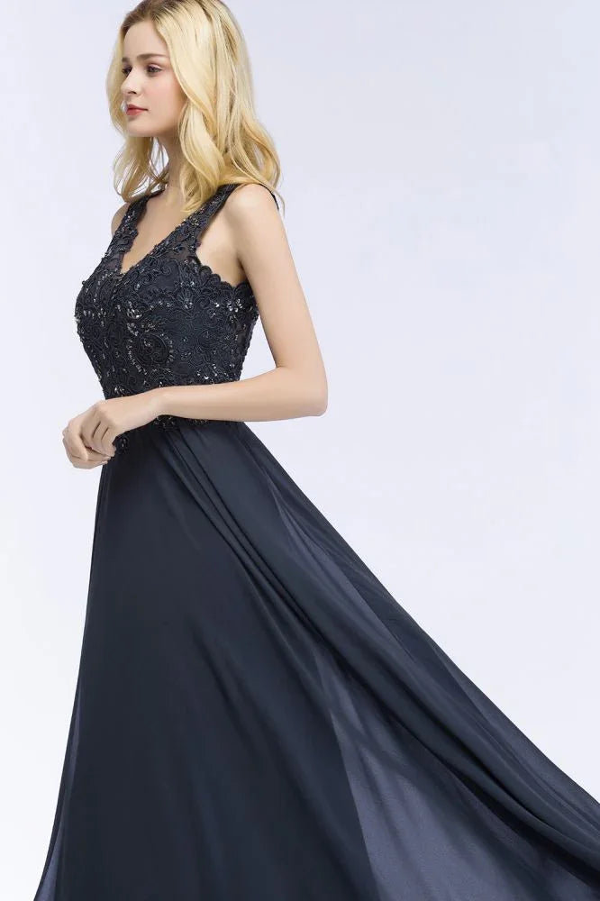 Robe longue de soirée Aline en mousseline avec appliques, cristaux, sans manches, robe de fête