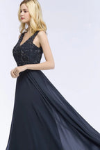 Robe longue de soirée Aline en mousseline avec appliques, cristaux, sans manches, robe de fête