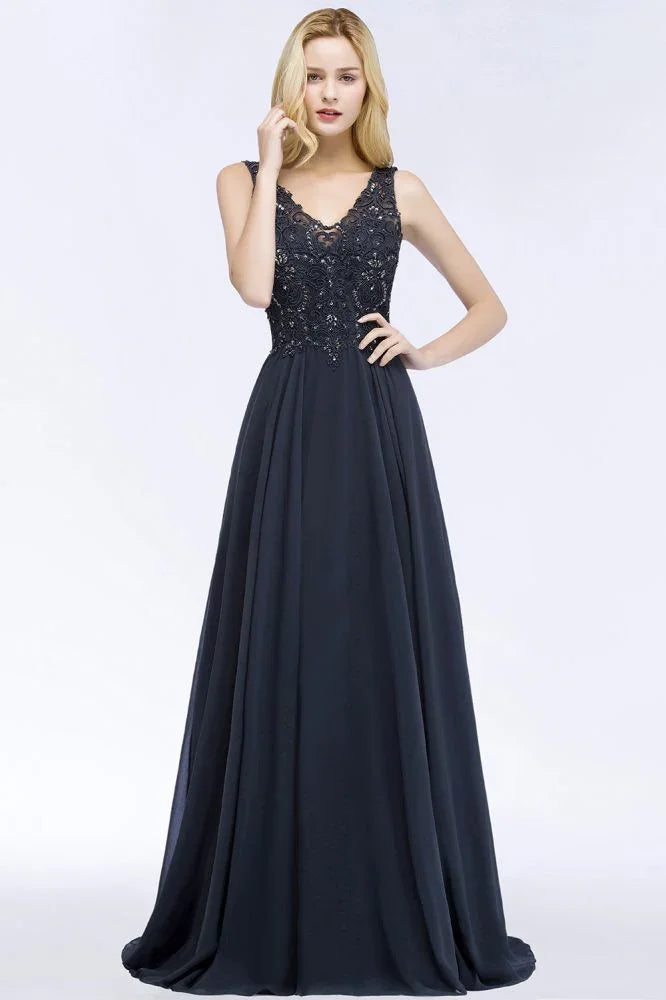 Robe longue de soirée Aline en mousseline avec appliques, cristaux, sans manches, robe de fête