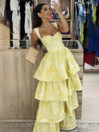 Alivia | Robe longue de soirée et de bal en ligne A à volants superposés jaune pastel