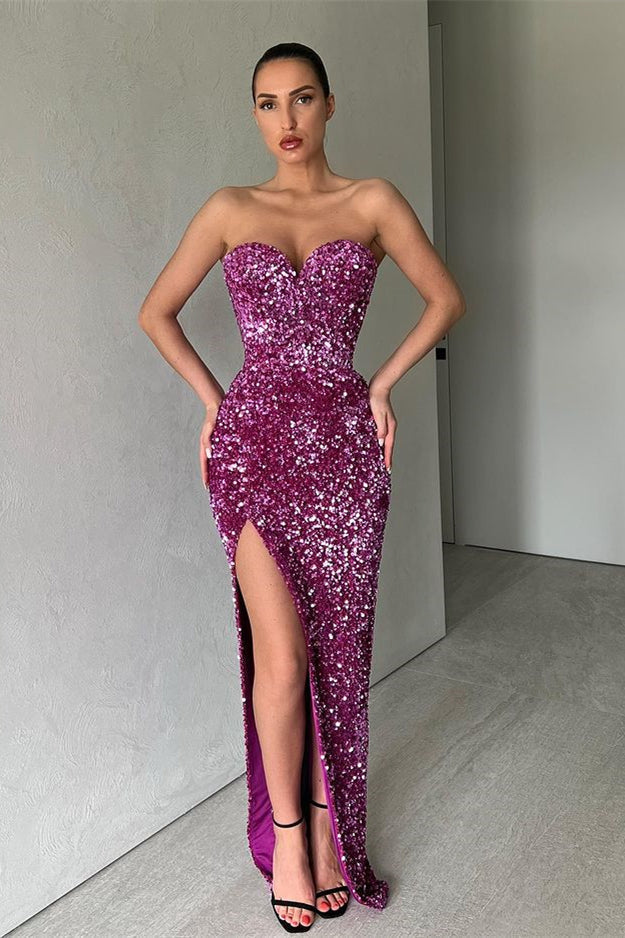 Robes de bal séduisantes à paillettes scintillantes, décolleté en cœur et fente latérale