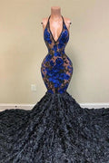 Robes de bal sirène longues jusqu'au sol, sans manches, à col en V, avec appliques noires étonnantes et dos nu