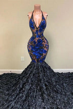Robes de bal sirène longues jusqu'au sol, sans manches, à col en V, avec appliques noires étonnantes et dos nu