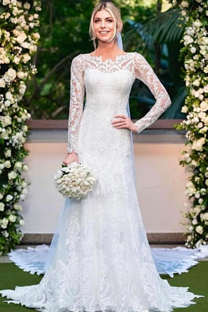 Impresionantes vestidos de novia blancos de manga larga con encaje y apliques