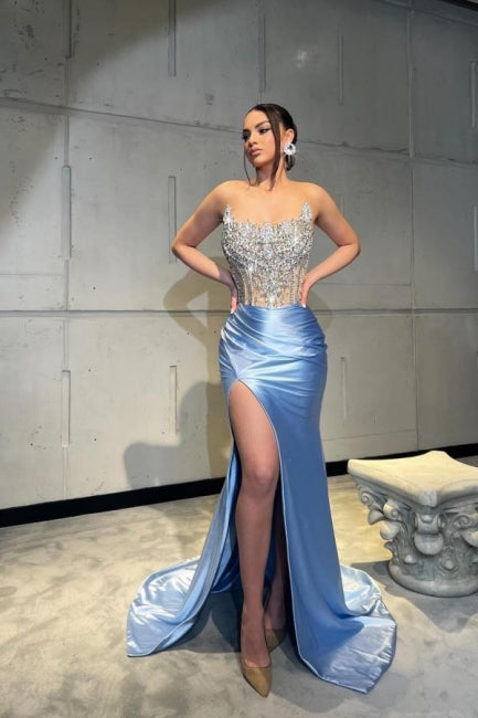 Amazing Column Satin Lace Sleeveless Prom Dress With Split