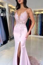 Vestidos de Festa Incríveis em Renda Cetim com Decote em V, Sem Mangas e Fenda Frontal