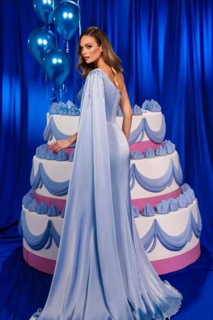 Robe de bal satinée incroyable à colonne, une épaule, sans manches, avec volants et fente avant