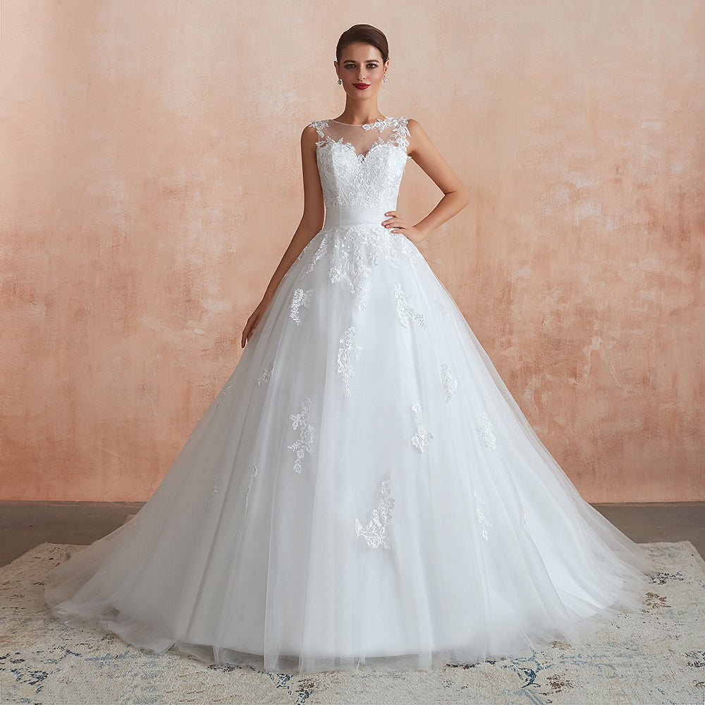 Abito da sposa lungo a linea ad A con applicazioni in pizzo e tulle meraviglioso
