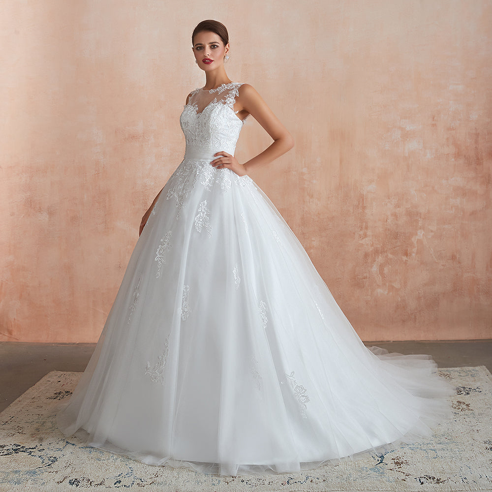 Abito da sposa lungo a linea ad A con applicazioni in pizzo e tulle meraviglioso