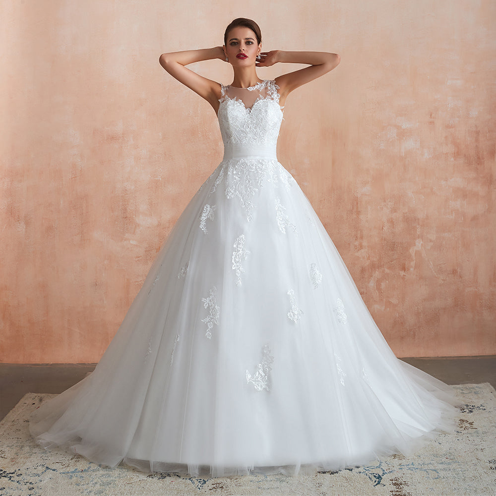 Abito da sposa lungo a linea ad A con applicazioni in pizzo e tulle meraviglioso
