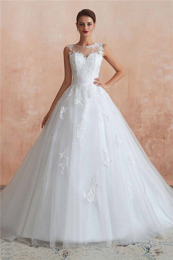 Abito da sposa lungo a linea ad A con applicazioni in pizzo e tulle meraviglioso