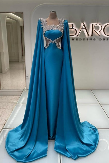 Abito da sera lungo blu in raso con strass, abito da sera di stilista meraviglioso
