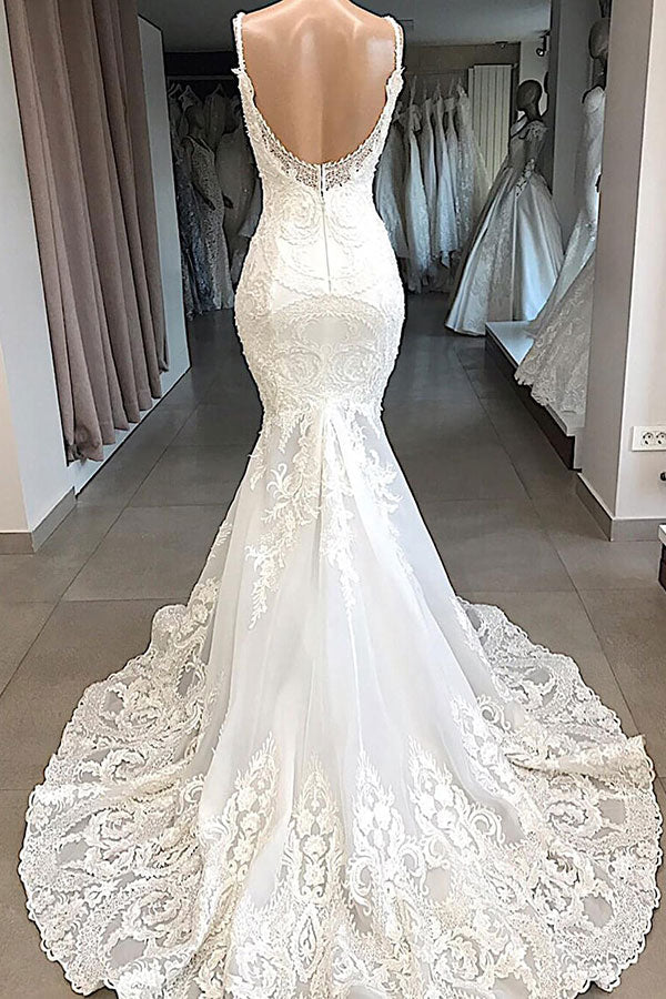 Abito da sposa meraviglioso lungo con applicazioni a sirena e schiena scoperta in tulle