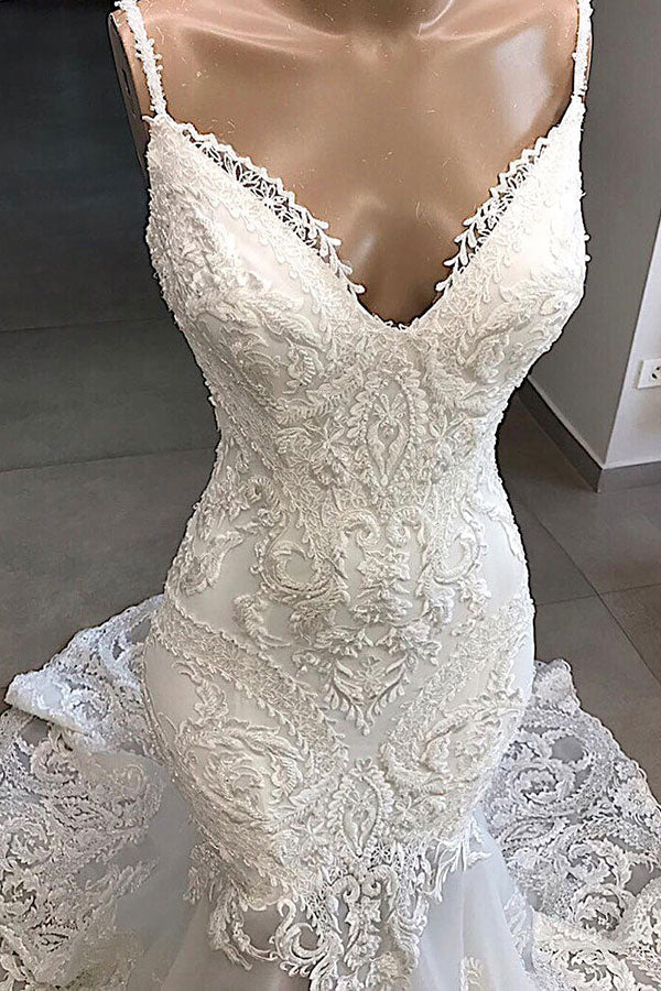 Abito da sposa meraviglioso lungo con applicazioni a sirena e schiena scoperta in tulle