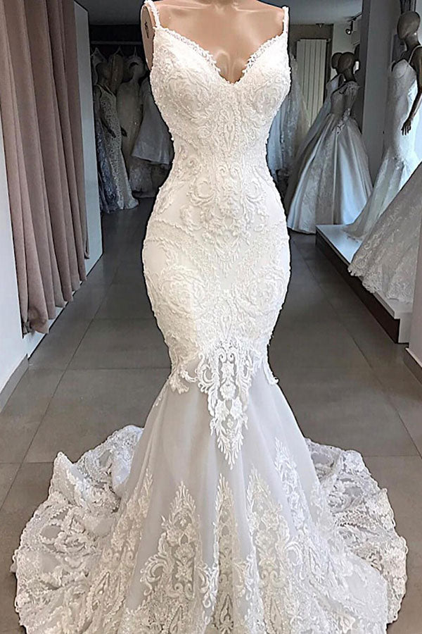 Abito da sposa meraviglioso lungo con applicazioni a sirena e schiena scoperta in tulle