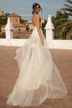 Abito da sposa con strascico lungo a sirena, cappella, in tulle, schiena scoperta, meraviglioso