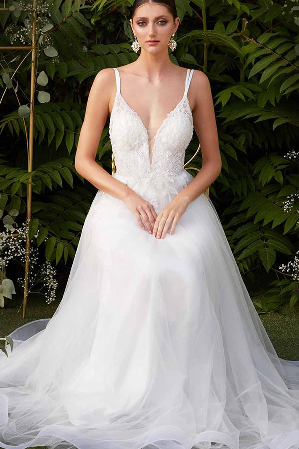 Abito da sposa straordinario in tulle con doppio scollo a V, abito da stilista per sposa