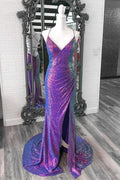 Anara | Vestido longo de baile de finalistas com lantejoulas iridescentes roxas, decote em V, atado com renda e corte de sereia com fenda