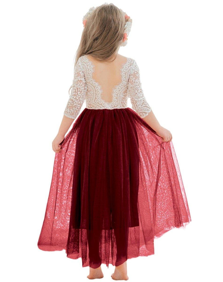 White Lace Tulle A-Line Long Sleeve Scoop Neck Flower Girl Dress