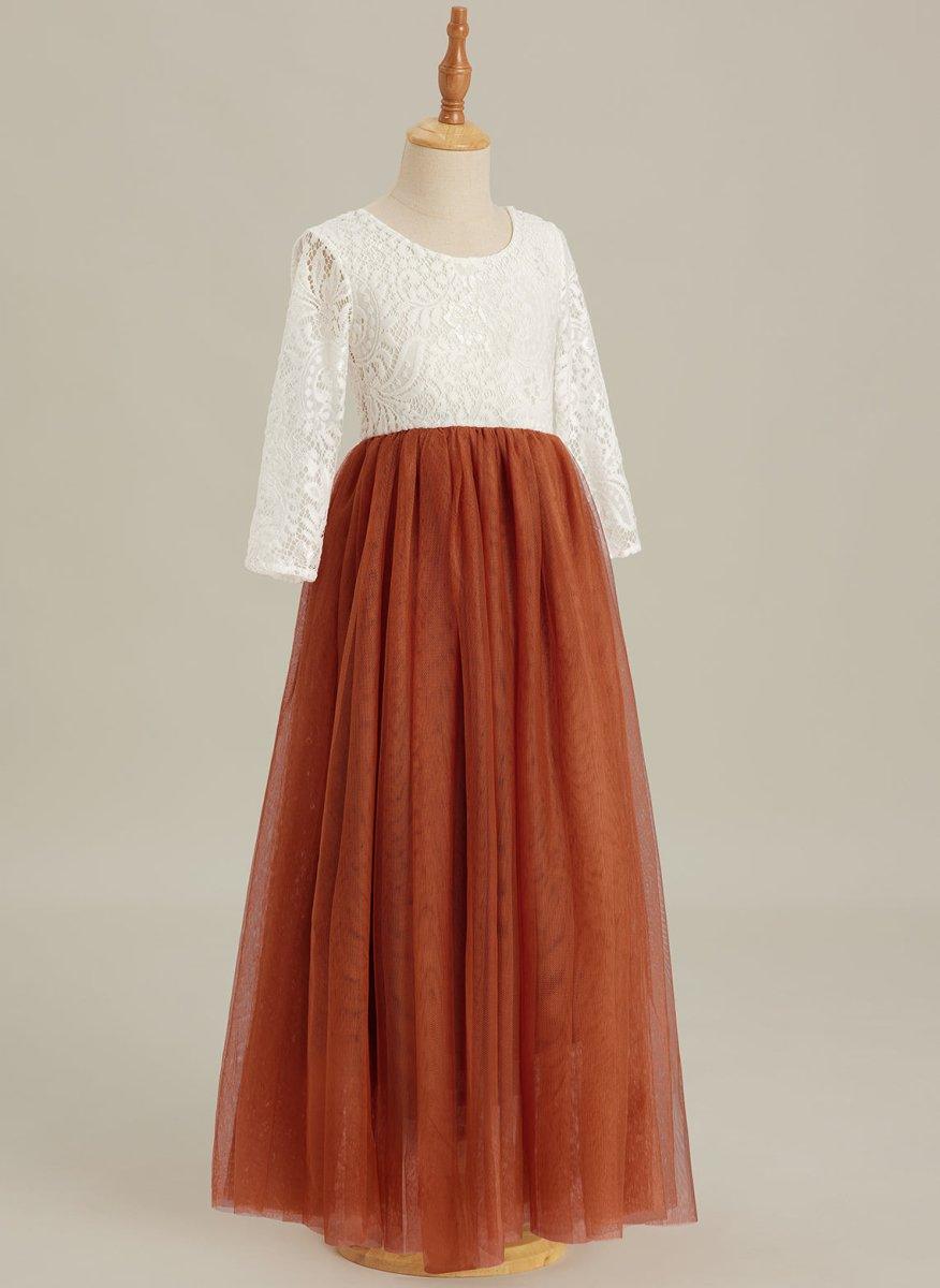 White Lace Tulle A-Line Long Sleeve Scoop Neck Flower Girl Dress