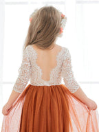 White Lace Tulle A-Line Long Sleeve Scoop Neck Flower Girl Dress