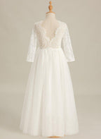 White Lace Tulle A-Line Long Sleeve Scoop Neck Flower Girl Dress