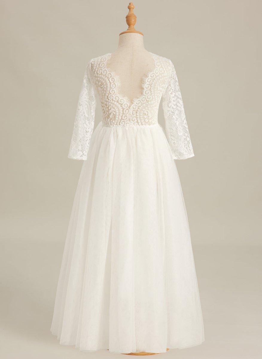 White Lace Tulle A-Line Long Sleeve Scoop Neck Flower Girl Dress