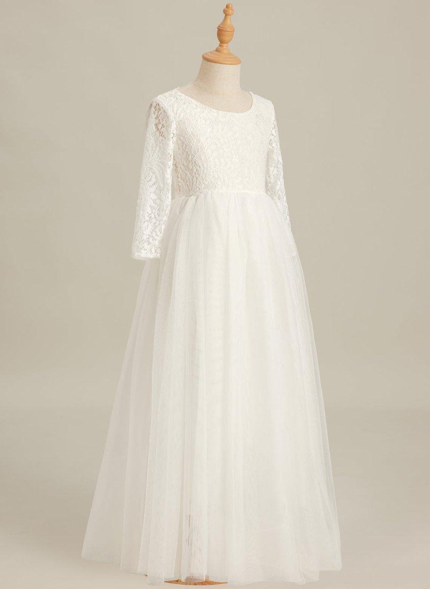 White Lace Tulle A-Line Long Sleeve Scoop Neck Flower Girl Dress