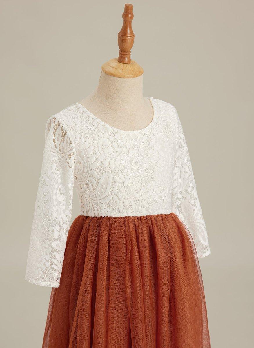 White Lace Tulle A-Line Long Sleeve Scoop Neck Flower Girl Dress