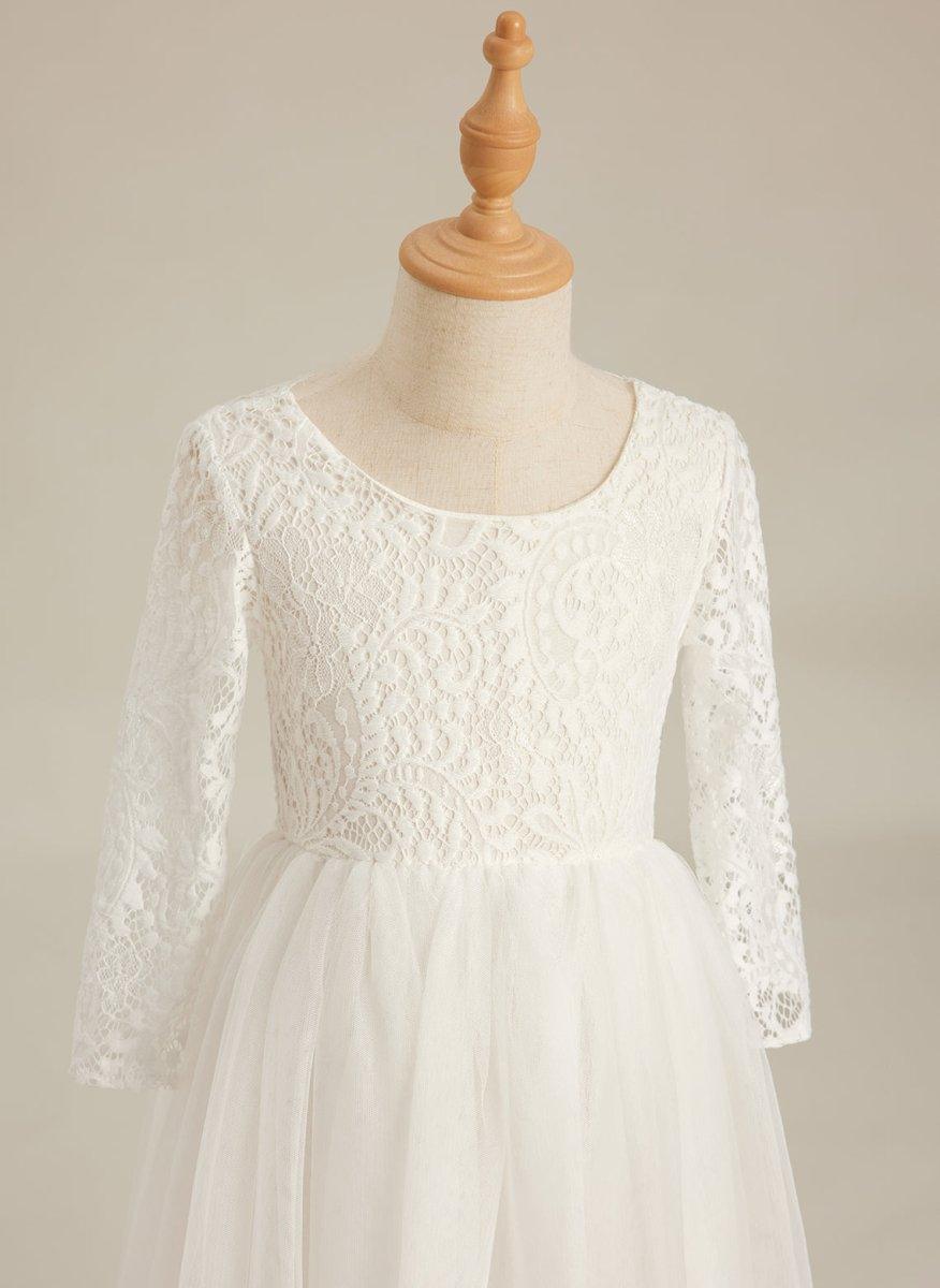 White Lace Tulle A-Line Long Sleeve Scoop Neck Flower Girl Dress