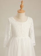White Lace Tulle A-Line Long Sleeve Scoop Neck Flower Girl Dress