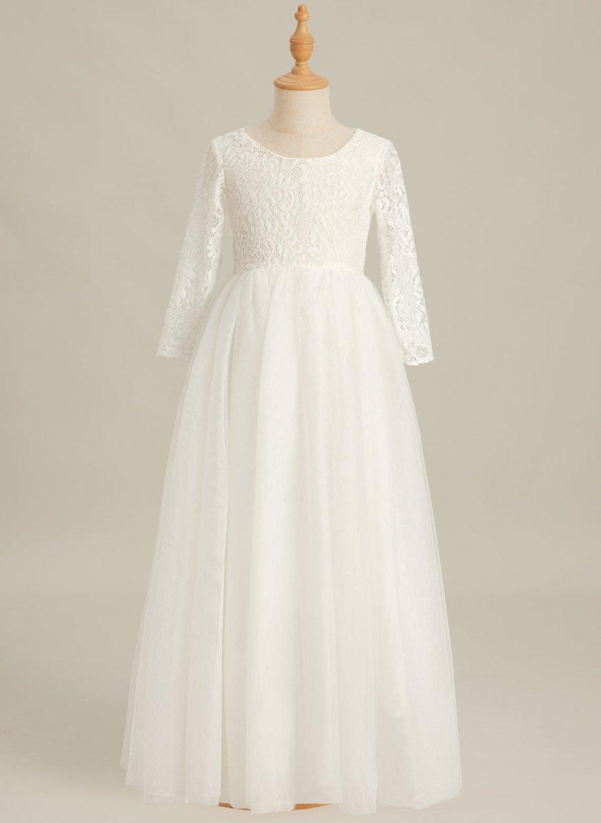 White Lace Tulle A-Line Long Sleeve Scoop Neck Flower Girl Dress