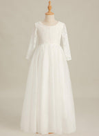 White Lace Tulle A-Line Long Sleeve Scoop Neck Flower Girl Dress