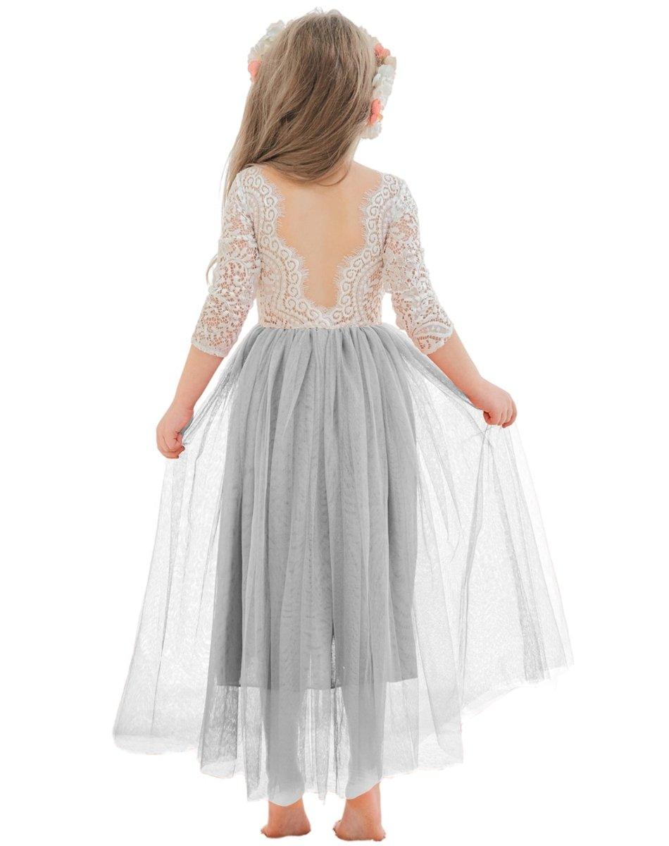White Lace Tulle A-Line Long Sleeve Scoop Neck Flower Girl Dress