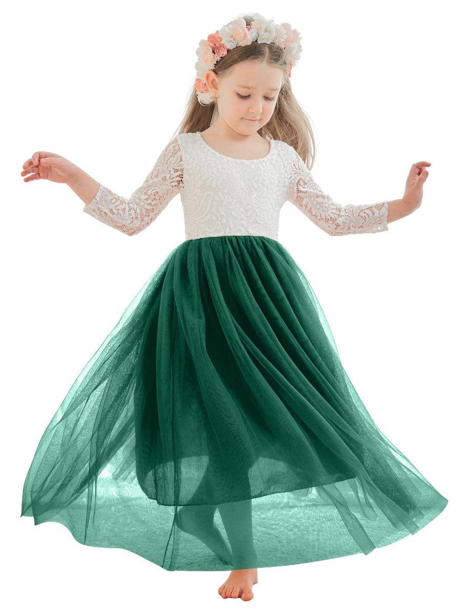 White Lace Tulle A-Line Long Sleeve Scoop Neck Flower Girl Dress