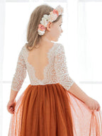 White Lace Tulle A-Line Long Sleeve Scoop Neck Flower Girl Dress