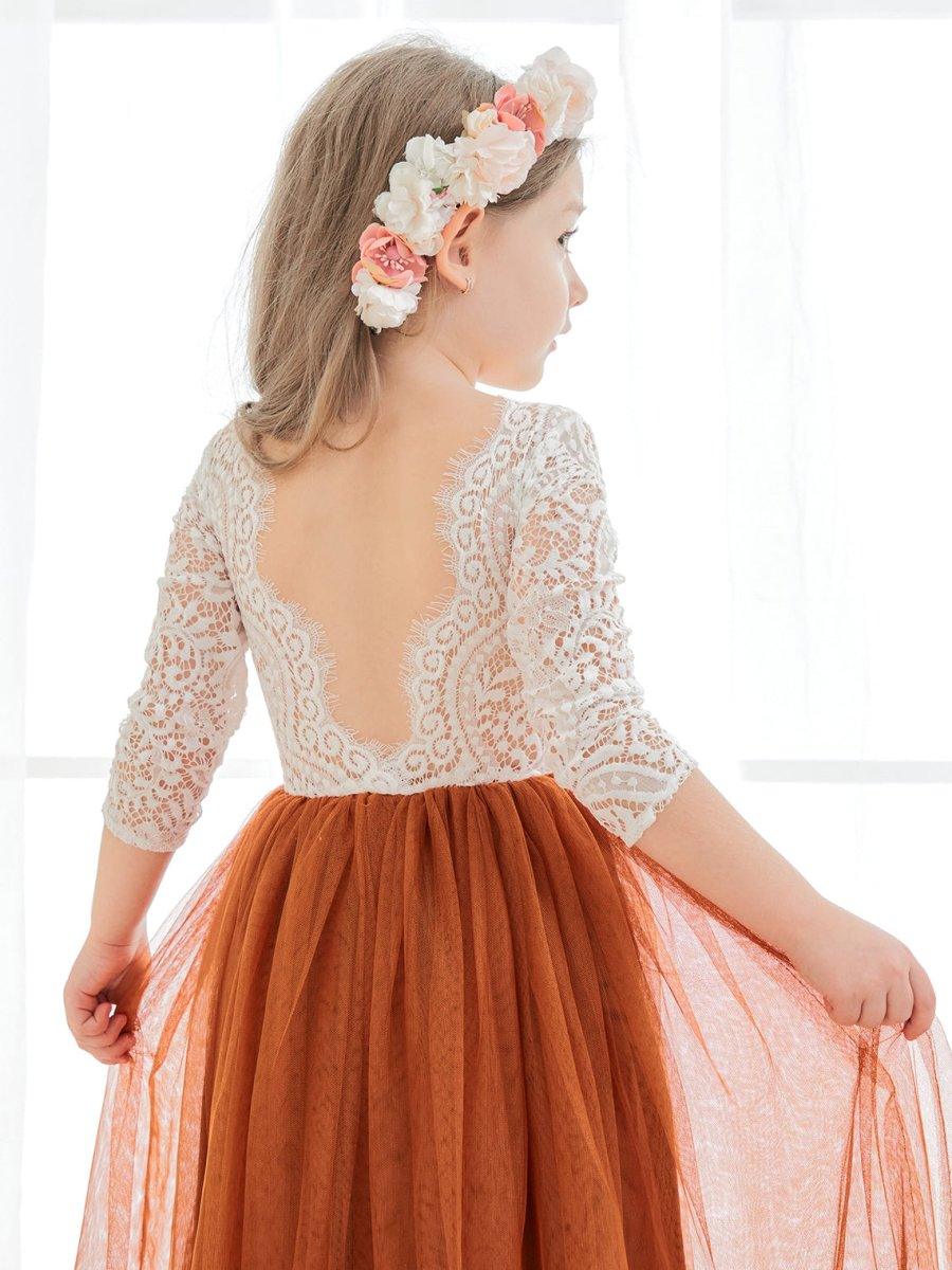 White Lace Tulle A-Line Long Sleeve Scoop Neck Flower Girl Dress