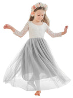 White Lace Tulle A-Line Long Sleeve Scoop Neck Flower Girl Dress