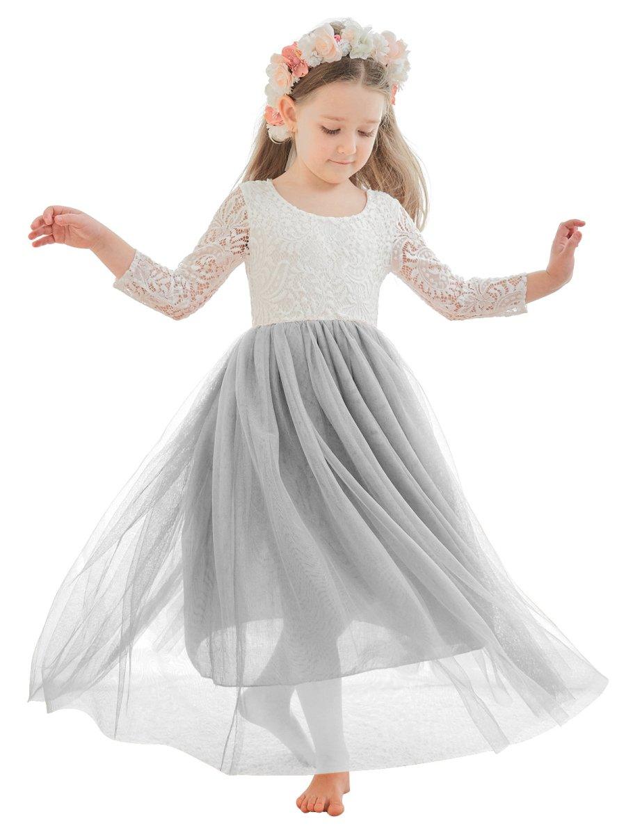 White Lace Tulle A-Line Long Sleeve Scoop Neck Flower Girl Dress